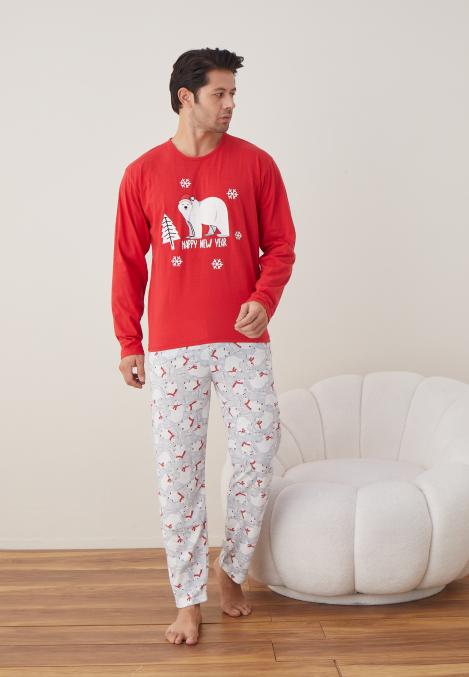 Pijama barbati Craciun "HAPPY NEW YEAR" , maneca lunga ,pantaloni lungi,Culoare Rosu ,Engros